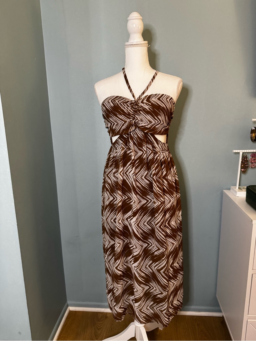 Brown Ikat Abstract Print Boutique Halter Strapless Midi Cutout Dress Small